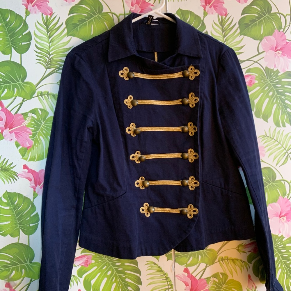 Military-inspired navy blue double-breasted jacket
